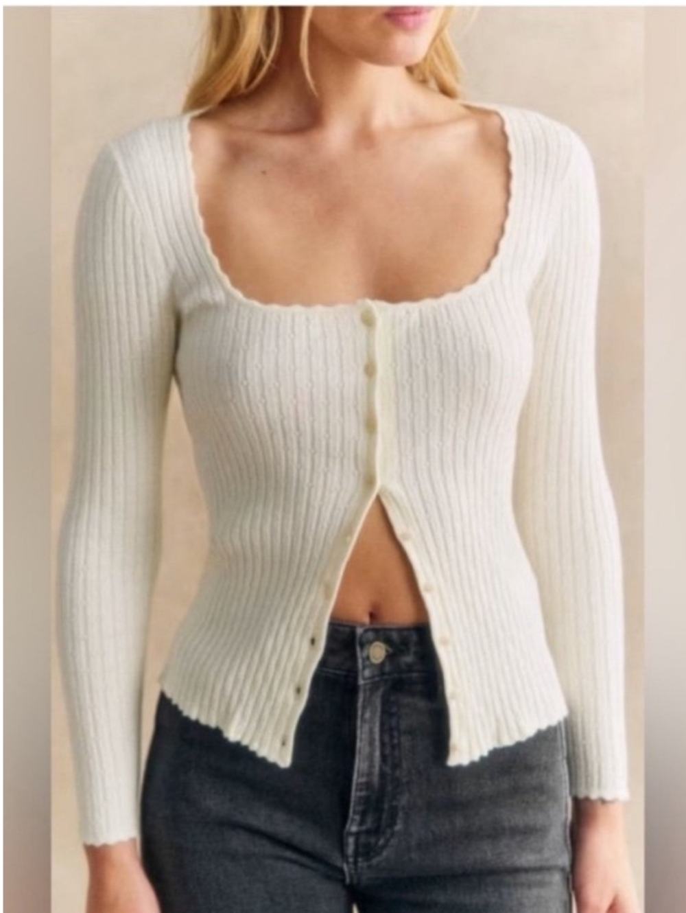 Sezane Ambroise Knit Long Sleeve Cream Cardigan